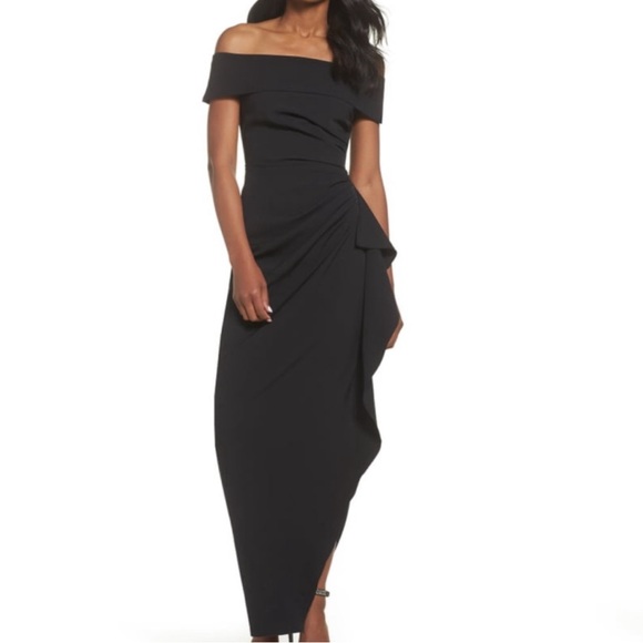 Black Asymmetrical Off-the-Shoulder Gown - Picture 1 of 7